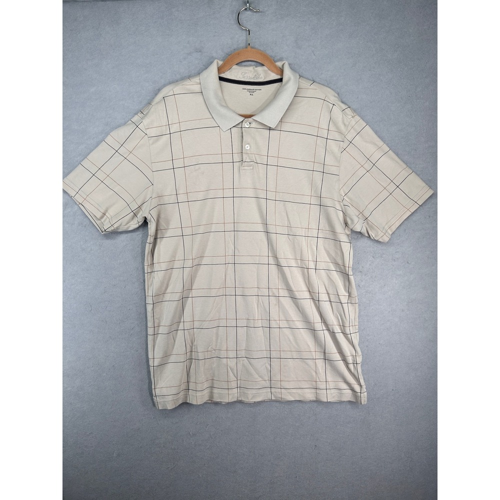 Tasso Elba Mens XL Beige Grid Check 100% Supima Cotton Polo Shirt Short Sleeve